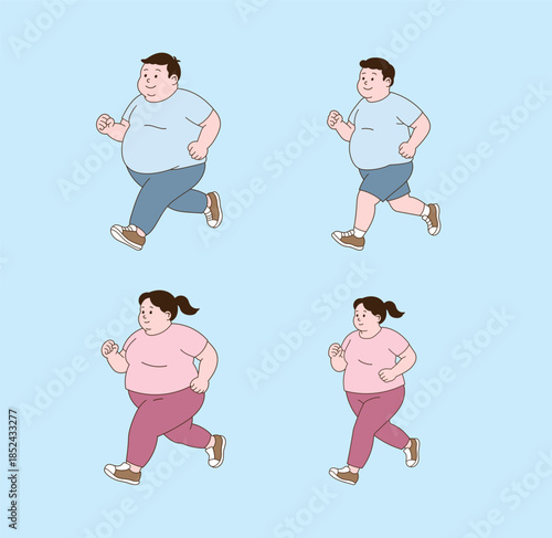 Fat people are running. Simple line drawing illustration.