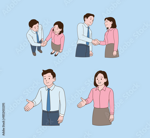 an office worker asking for a handshake. Simple line drawing illustration.