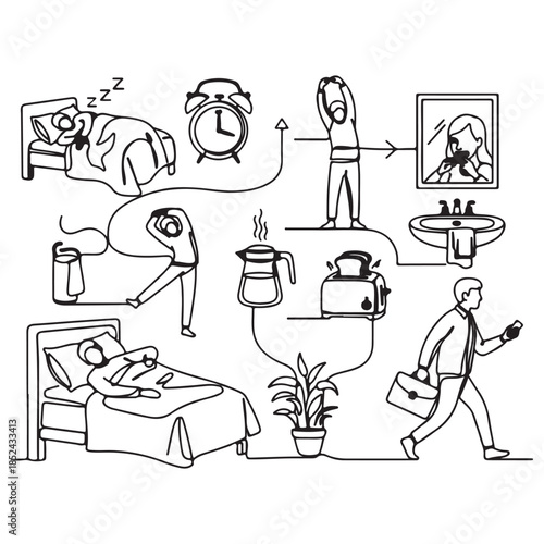 Minimalist Black Line Art Daily Morning Routine Sequence Diagram
