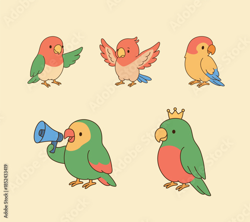 Various parrot characters. Simple line drawing illustration.