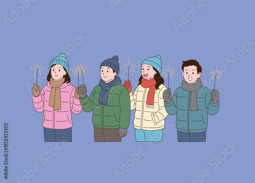 People holding stick fireworks in winter. Simple line drawing illustration.