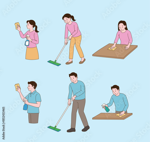 House cleaning people. Simple line drawing illustration.