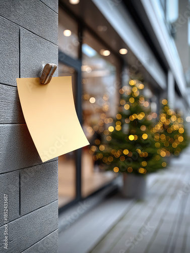 Yellow sticky note on gray wall with blurred outdoor Christmas trees and festive lights, urban street scene, winter holiday mood
