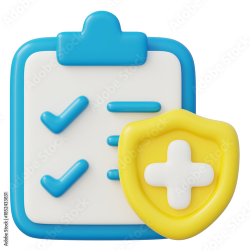3d checkmark clipboard document with medical shield icon healthcare approval and protection