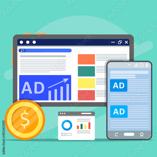 Digital advertising and online marketing showing dashboard on tablet and mobile ads, analytics charts, revenue growth, and performance metrics for modern business promotion campaigns
