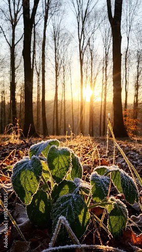 A sunlit winter forest scene. Frozen leaves in the foreground, with trees and a bright sunrise behind