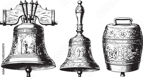 hand drawn illustration of bell on a wooden background