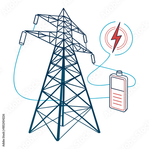 3 D energy grid connecting power tower to battery symbol