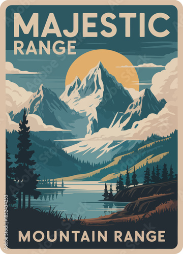 Majestic Mountain Range Landscape, Vintage Travel Poster Art Illustration Vector