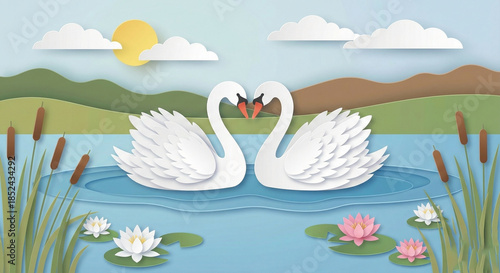 Fototapeta Naklejka Na Ścianę i Meble -  Two paper swans forming heart shape in lake
