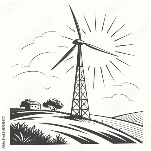 Wind turbine on hilltop caught by sunlight farm house