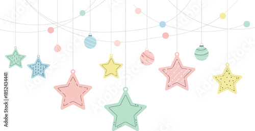 Pastel Colored Hanging Star Decorations with Soft Snowflake Background.
