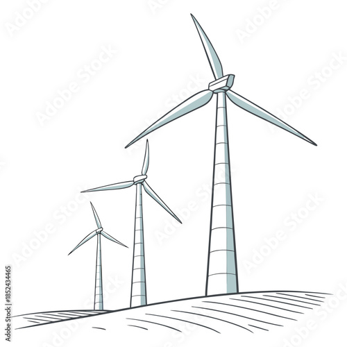 Group of wind turbines on a white background renewable energy