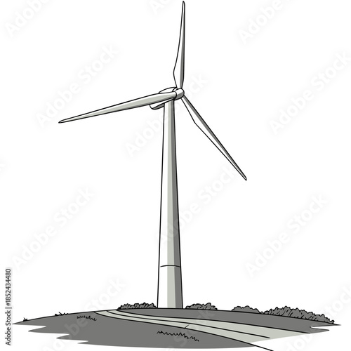Isolated wind turbine with sunlight reflection on white