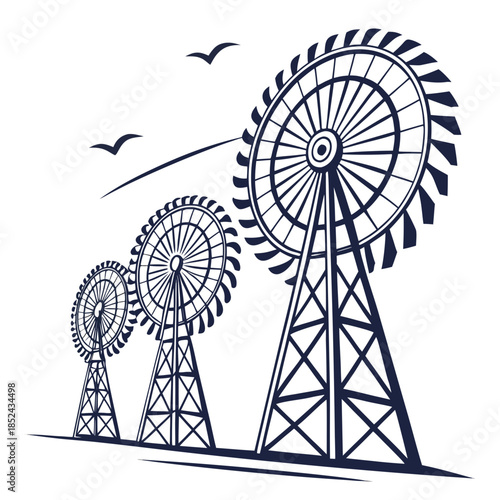 Row of small turbines in perspective view white background