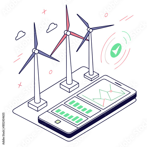 Holographic wind farm display on a smartphone screen with green graphs