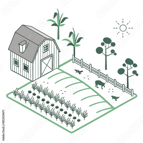 Eco farm scene with barn and animals in green and gray tones