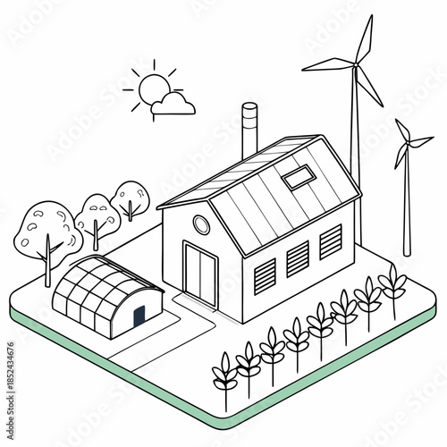 Eco friendly farm with wind turbines and greenhouse