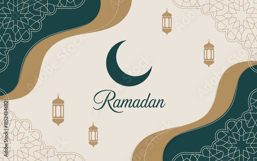 Islamic Ramadan Kareem background with golden lanterns, crescent moon, and elegant Arabic geometric patterns on abstract wave shapes for religious celebrations.