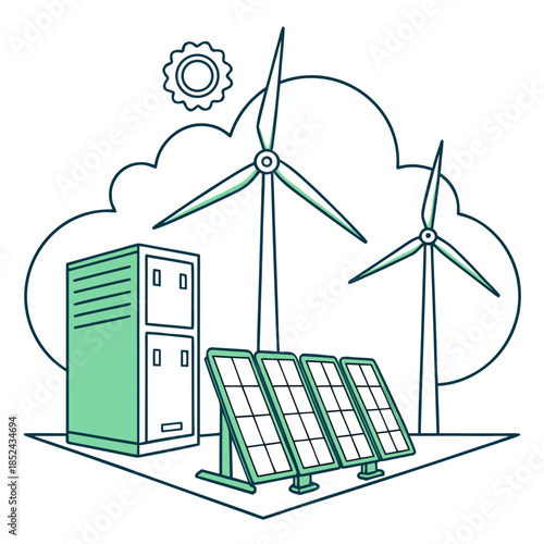 Renewable energy setup with solar panels and wind turbines and slight cloud outline