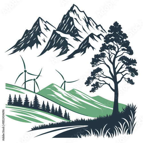 Mountains and wind turbines in distance against clean white background with tree and rolling hills