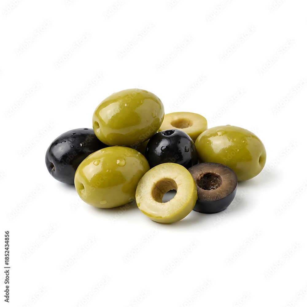 Obraz premium Pile of green and black olives with some sliced, on a white background, with a shallow depth of field.