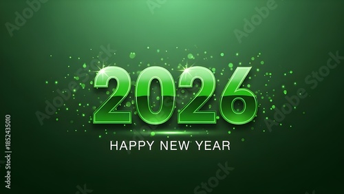 Festive 2026 Happy New Year graphic with shiny green numbers and sparkling confetti on a dark emerald background, symbolizing fresh starts and celebrations