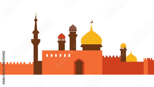 Stylized Islamic architecture with minarets and domes against a white background.