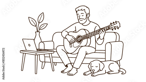 Man enjoys playing guitar at home with his dog resting nearby