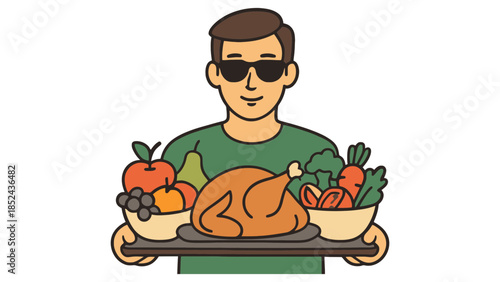 Man wearing sunglasses proudly presents a roasted turkey and fresh produce on a tray