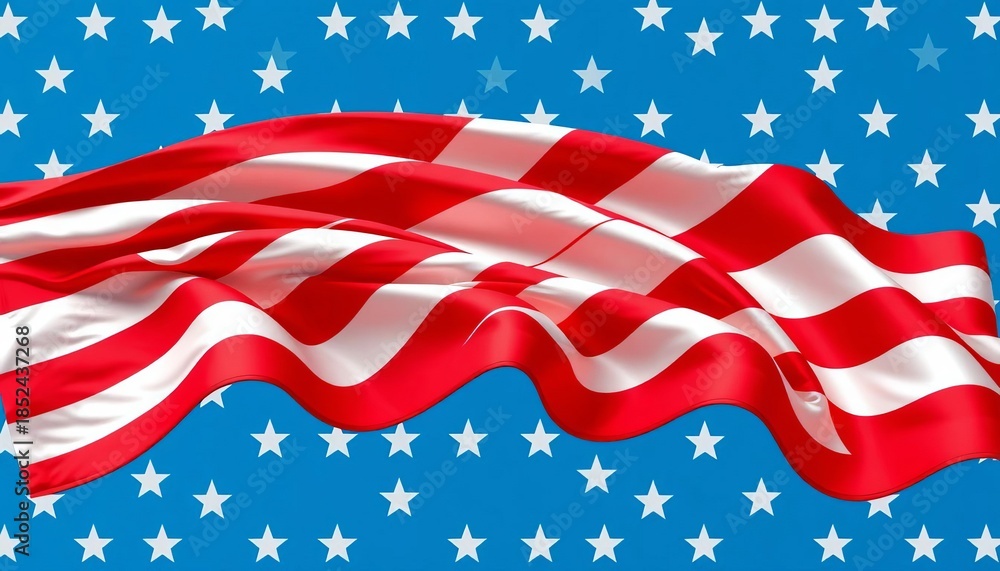 Obraz premium A vibrant national banner featuring alternating red and white stripes and a field of white stars on a blue background, gently waving, democracy, july fourth