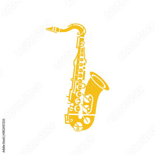Golden saxophone illustration on a white background, musical instrument art.