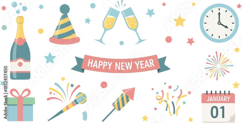 Festive New Year Celebration Elements with Party Decorations.