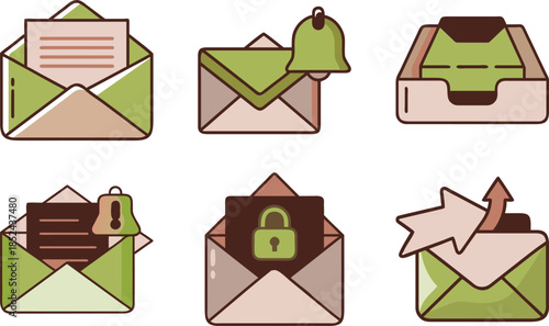 Cute Hand-Drawn Email & Newsletter Icon Set: Open Envelope Message, Notification Bell, Inbox Tray, Alert Spam, Secure Locked Mail, Sent Email Doodle Illustrations PNG