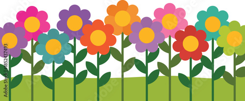 A cheerful row of brightly colored flowers with green stems and leaves against a white ground