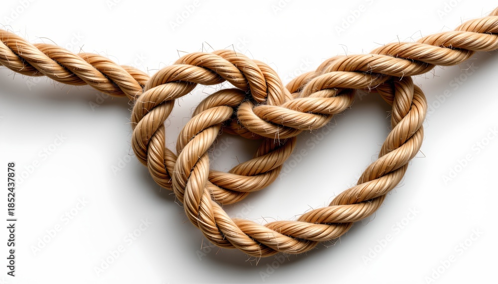 Obraz premium A rope with knots against a white background. The knots are tied in a way that forms a heart shape, symbolizing love or affection