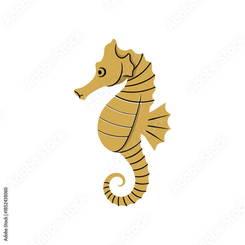 Golden seahorse illustration with detailed body and tail design on white background.