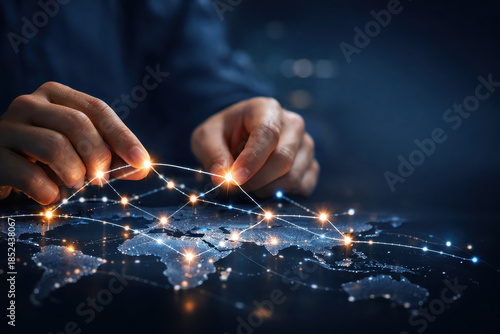 Global network map with glowing connection points supply chain resilience automation highlighted by hands arranging illuminated links over digital world map conveying logistics coordination