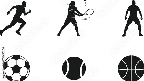 Dynamic silhouettes of athletes and sports equipment, representing active movement and healthy lifestyle.