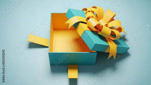 An open gift box with a vibrant yellow ribbon and teal accents displayed