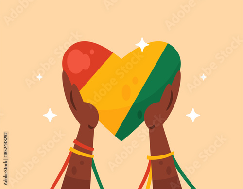 Illustration of hands holding a heart in red, yellow, and green. Black skin. Happy Black History Month. Celebration, festival, or event, commemoration, important day. Flat style. Orange background.