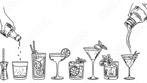 Artistic sketch of diverse cocktails being prepared and served, perfect for bar and beverage themes.