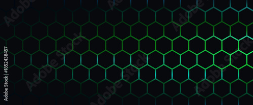 Dark technology hexagonal vector background. Abstract blue bright energy flashes under hexagon in dark technology modern futuristic background vector illustration. Gray honeycomb texture grid.