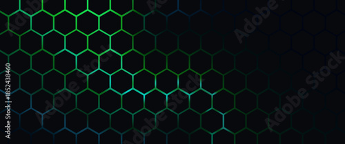 Dark technology hexagonal vector background. Abstract blue bright energy flashes under hexagon in dark technology modern futuristic background vector illustration. Gray honeycomb texture grid.