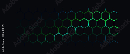 Dark technology hexagonal vector background. Abstract blue bright energy flashes under hexagon in dark technology modern futuristic background vector illustration. Gray honeycomb texture grid.
