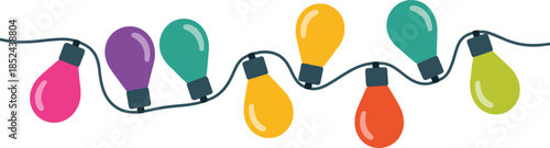 A festive arrangement of brightly colored string lights connected by a dark wire on a clean background