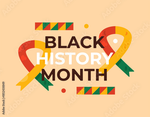 Black History Month banner or greeting concept. Happy Black History Month. Celebration, festival, or event, commemoration, important day. Flat style. Orange background with red, yellow, and green symb