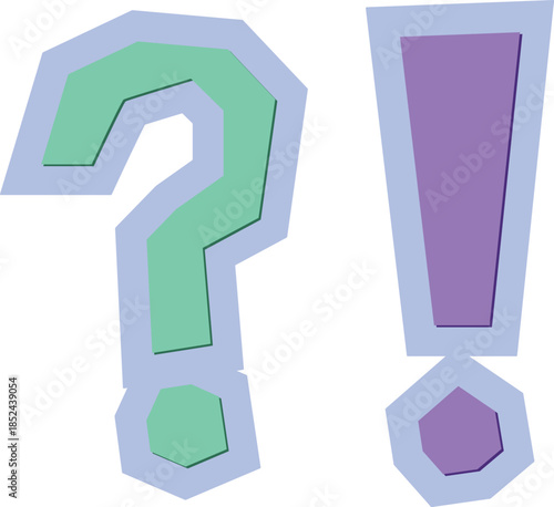 Modern Stylized Layered Vector Illustration of Green Question and Purple Exclamation Marks