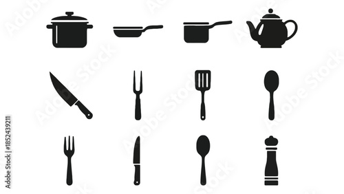 Collection of essential kitchen utensils and cookware icons for culinary preparation