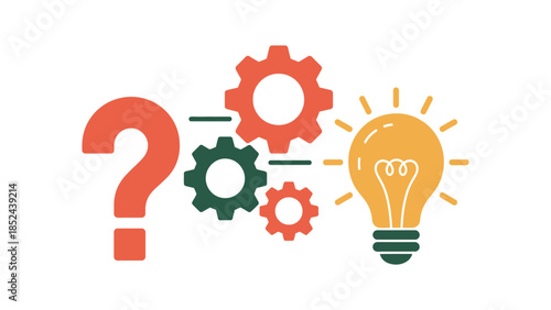 Question mark transforms into a bright idea with gears connecting the process.